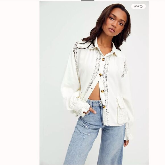 Free People Louisa shirt jacket cream Size XS Linen Blend Lace oversized - Picture 3 of 12